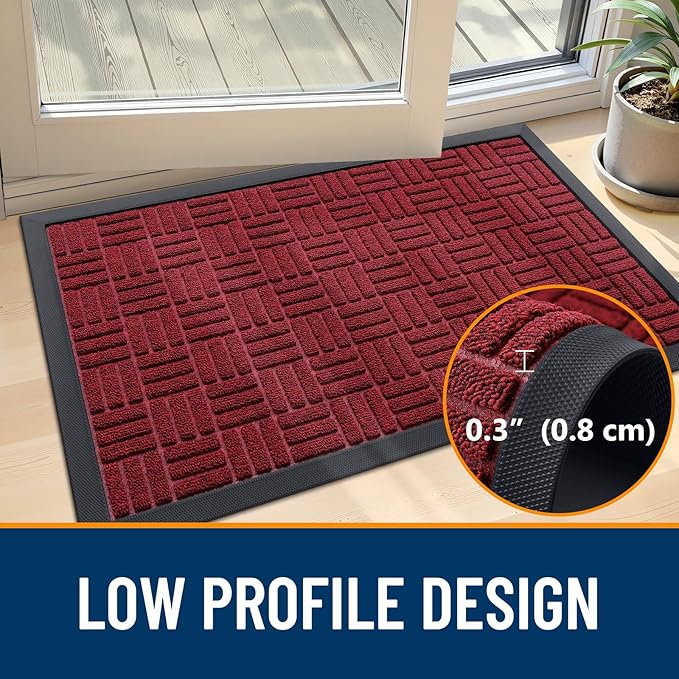 OLANLY Front Door Mat Outside Entrance 47x17, Absorbent, Heavy Duty Sturdy Natural Rubber Doormat Indoor Outdoor, Non-Slip, Stain and Fade Resistant, Low Profile Floor Mat for Entryway, Black Red