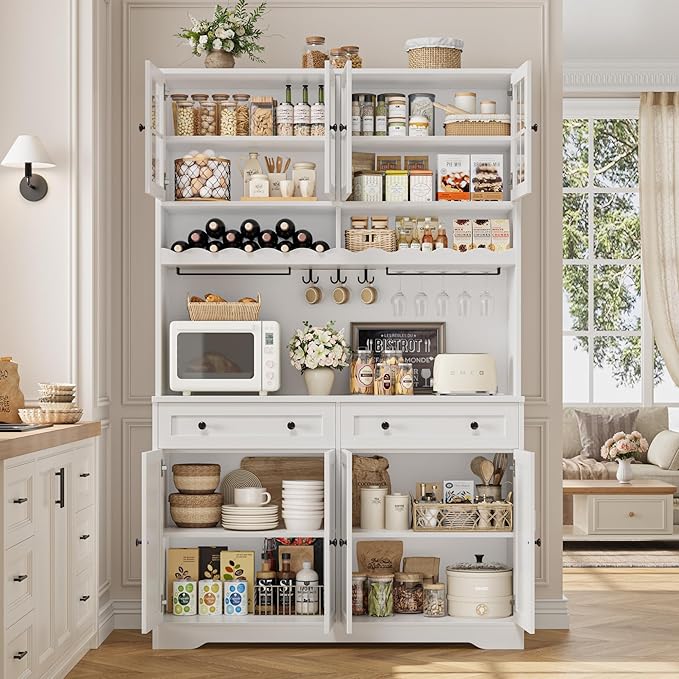 HOSTACK 75.4" Tall Kitchen Pantry Cabinet with Charging Station, Modern White Kitchen Hutch with Microwave Stand and Wine Racks, Large Food Pantry Storage Cabinet with Glass Doors and Drawers, White