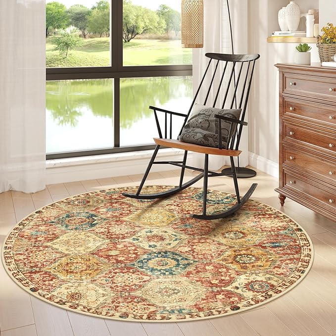 Lahome Moroccan Trellis Washable Round Rugs, Non-Slip Soft Round Rug 4ft Ultra-Thin, Small Vintage Circle Carpet for Entryway Kitchen Bedroom Nursery Bathroom, Red/Orange