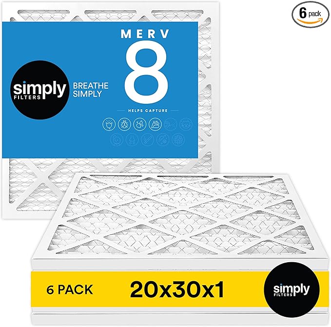 Simply 20x30x1 Air Filter, Merv 8, 6 Pack, For Home AC Furnace & HVAC (Actual Size: 19.94"x29.94"x0.75") DUST, Pet & Allergy Control,