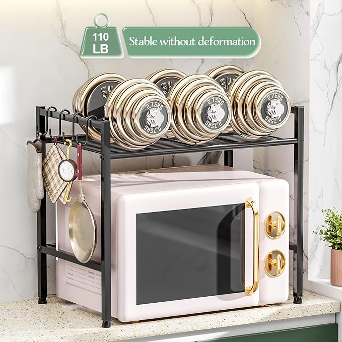 Microwave Stand Countertop, 2-Tier Adjustable Metal Oven Rack with 4 Hooks, Heavy Duty Carbon Steel Organizer Shelf for Microwave/Oven/Toaster, Kitchen Storage (Black, 2-Tier)