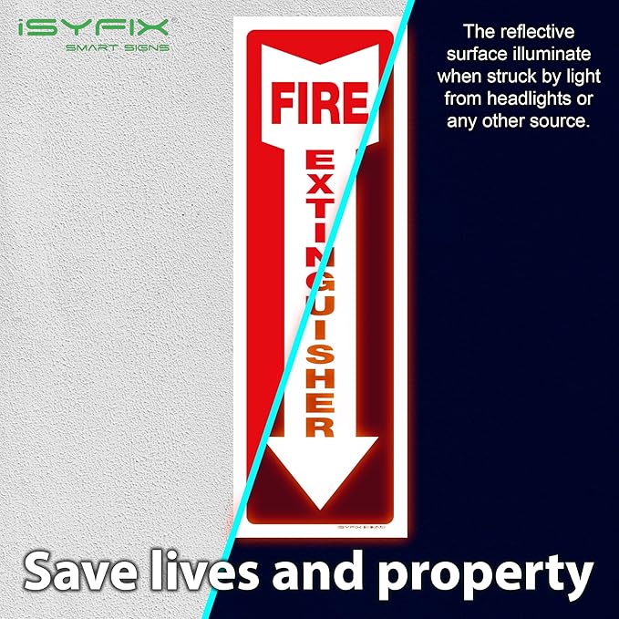 iSYFIX Fire Extinguisher Reflective Sticker Sign – 5 Pack 4x12 – Premium Self-Adhesive Vinyl, Laminated for Ultimate UV, Weather, Scratch, Water and Fade Resistance, Indoor and Outdoor