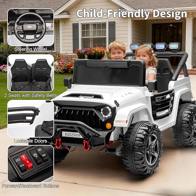 Kids 24V 2-Seater Electric Ride On Car, 4x4 Ride On Truck w/Remote Control, 4-Wheeler Suspension, 3 Speeds, Led Lights, Bluetooth, Ride on Car Toy for Kids Ages 3-8, White