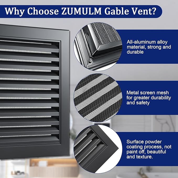 18" X 18" Gable Vent Aluminum Gable Vents for Houses Attic Vent Shed Vents Cover Exterior with Screen Mesh Alloy Wall Vent Ventilation for Home Garage Attic Ceiling - Vent Opening: 16" x 16" Black