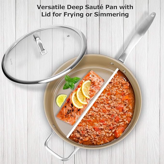 Duxtop Ceramic Non-stick Sauté Pan, Induction Stainless Steel Sauté Pan, 5.5-Qt Deep Skillet with Lid, Professional Grade and Impact-bonded Technology, FUSION Ti