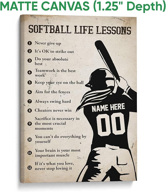 Custom Softball Life Lessons Sports Motivational Gift For Girl Personalized Name Number Poster & Framed Canvas, Wall Art Home Office Decoration Living Room Bedroom Aesthetic Decor
