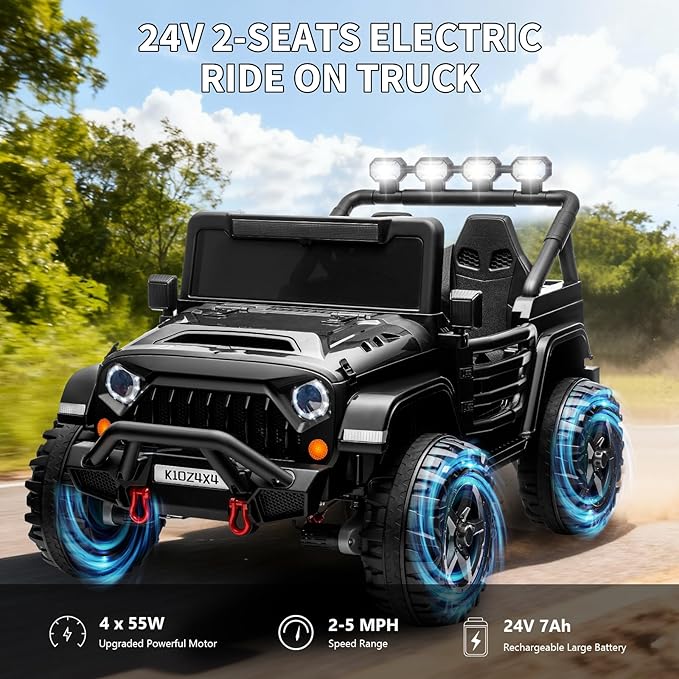 Kids 24V 2-Seater Electric Ride On Car, 4x4 Ride On Truck w/Remote Control, 4-Wheeler Suspension, 3 Speeds, Led Lights, Bluetooth, Ride on Car Toy for Kids Ages 3-8, Black