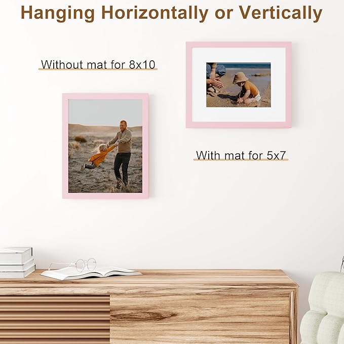 Vittanly 8x10 Picture Frame, Solid Wood Frame with Plexiglass, Includes 5x7 Mat, Wall Hanging or Tabletop for Home Decor, Pale Pink, 1 Pack