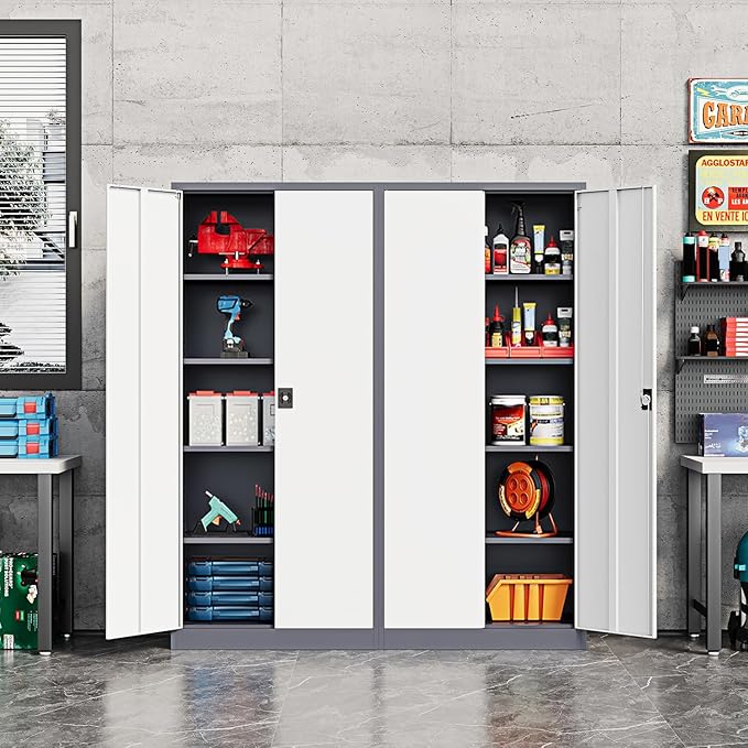 Metal Storage Cabinet-72” Tall Steel File Cabinets with Lockable Doors and Adjustable Shelves-White&Gray Steel Storage Cabinet for Home Kitchen, Office, Garage