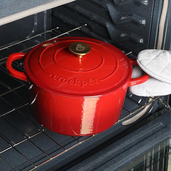 Crock Pot Artisan 6-Quart Round European Enameled Cast Iron Dutch Oven Pot With Lid -Gradient Red