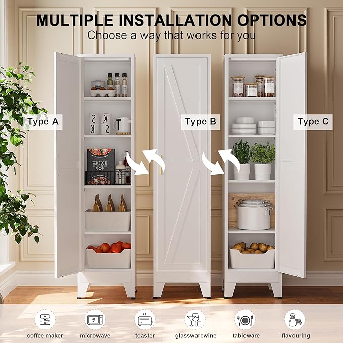 Narrow Bthroom Storage Cabinet Tall Metal Storage Cbinets with 4 Adjustable Shelves Freestanding 5 Tier Slim Pantry Cabinet for Kitchen Office Small Space