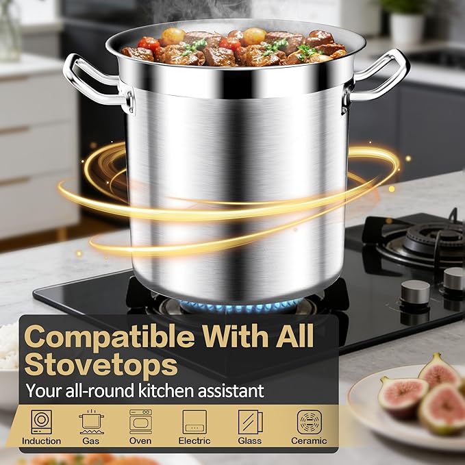 Large Stock Pot-35QT Stainless Steel Stockpot with Lid, Heavy Duty Tri-Ply Bottom Commercial Grade Stock Pot & Stockpots for Boiling Cooking Soup Stew Canning Cooking Pots, Big Stockpot, Deep Cookware