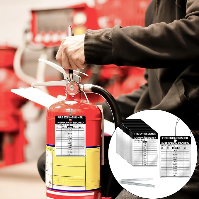 25 Pcs Waterproof Fire Extinguisher Inspection Tags Metal with Wires 2.3 x 3 Inch Durable Metal Fire Tags for Monthly Fire Safety Check Indoor Outdoor Use Weather Resistant Writeable Surface (25)