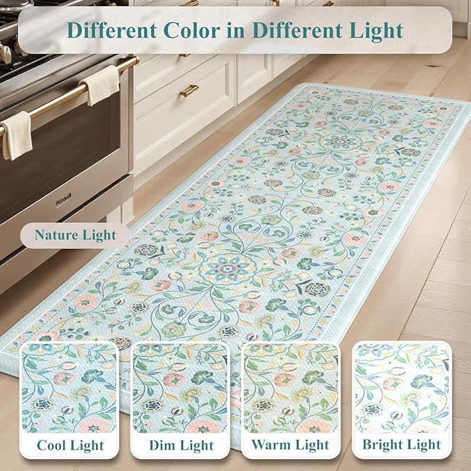 KIMODE Comfort Anti Fatigue Mats for Kitchen Floor,Boho Floral Kitchen Rugs Sets of 2 Non Slip,Cushioned Memory Foam Kitchen Mat Carpet for Laundry Sink Bathroom Office,Blue