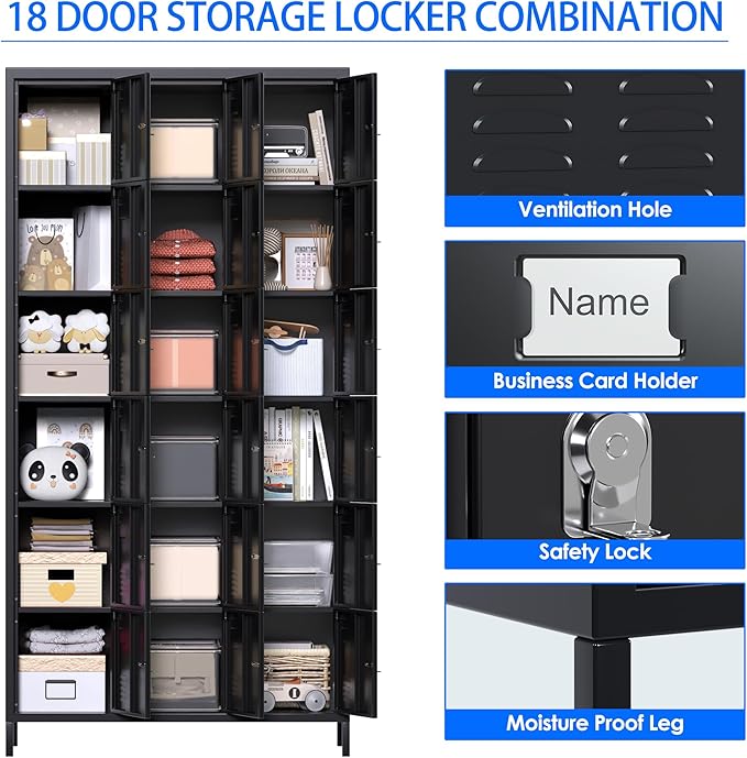 METAN Metal Locker for School Office Gym Bedroom, 18 Doors Black Steel Storage Locker Cabinet for Employees, Industrial Storage Locker, Assembly Required (18 Door-Black)