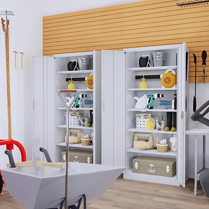 BESFUR Metal Storage Cabinets with Locking Doors and Adjustable Shelves, 71" H Steel Storage Cabinet for Garage, Office, Classroom - White