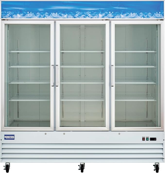 Kratos Commercial Three Door Merchandising Freezer, Large Glass Door White Mobile Display Freezer for Markets and Stores, 78" Wide, LED Lighting, 115V (67K-229)
