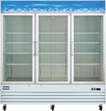 Kratos Commercial Three Door Merchandising Refrigerator, Large Swing Glass Door White Mobile Display Refrigerator for Markets and C Stores, 78" Wide, LED Lighting, 115V (67K-213)