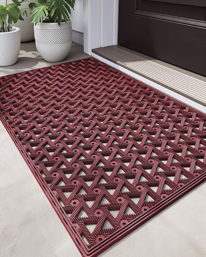 DEXI Front Door Mat Outside Entrance Rubber 24x36, Welcome Floor Doormat Heavy Duty Non Slip, Dirt Trapper Waterproof Exterior Entry Mats All Weather for Patio Entryway Drainage, Red