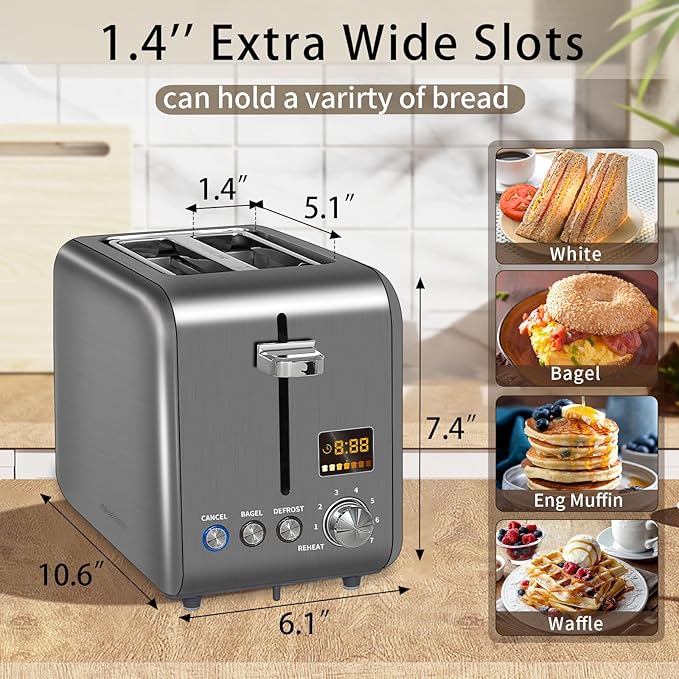 SEEDEEM Toaster 2 Slice, Stainless Steel Bread Toaster LCD Display, 7 Shade Setting, 1.4'' Wide Slots, Bagel/Defrost/Reheat Functions, Removable Crumb Tray, 900W, Dark Metallic