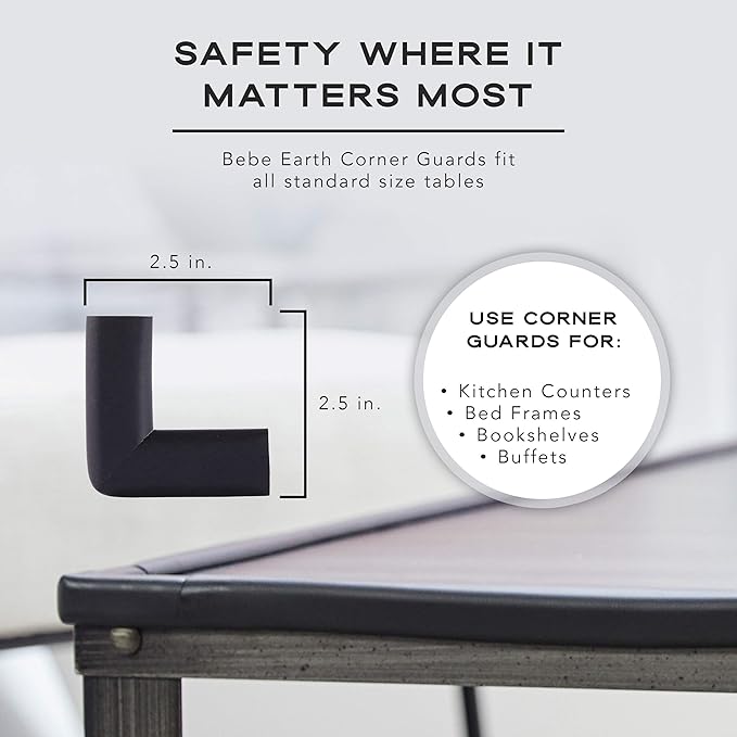Bebe Earth - Baby Proofing Edge and Corner Guard Protector Set (16 Corners) - Safety Bumpers - Child Proof Furniture and Tables - Pre-Taped Bumper Corners (Black)