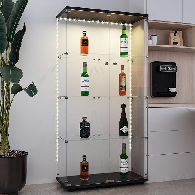 Glass Display Cabinet with LED Light Strip, 4 Shelves with 2 Doors, Curio Storage Cabinets with Lock & Caster for Living Room, Office, Floor Standing Glass Bookshelf, Quick Installation - Black