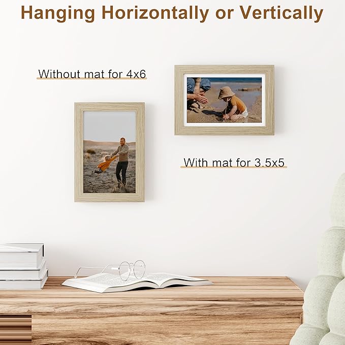 Vittanly 4x6 Picture Frame, Solid Wood Frame with Plexiglass, Includes 3.5x5 Mat, Wall Hanging or Tabletop for Photos, Home Decor, Light OAK, 1 Pack