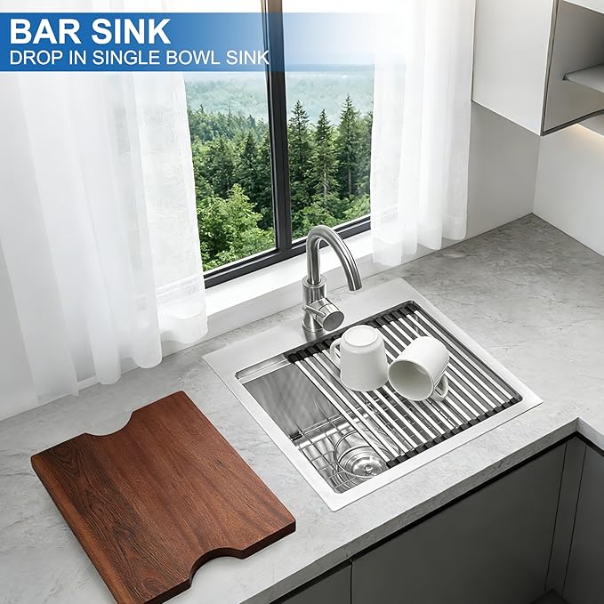 Scamall 18x18x10 Drop In Kitchen Sink Workstation, Brushed Silver 304 Stainless Steel Deep Single Bowl with Quick Drainage & Tarnish-Free Surface for Bar, Laundry, RV, Includes Accessories