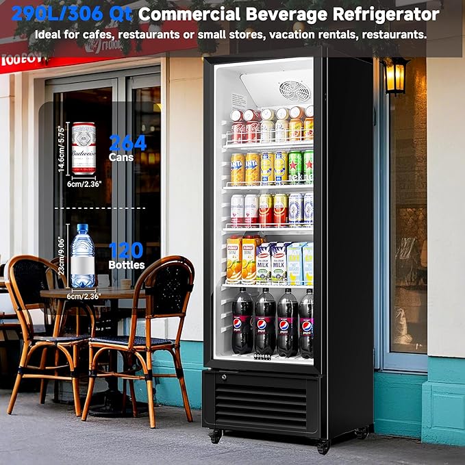 BODEGACOOLER Beverage Refrigerator, 290L/306 Qt Commercial Refrigerator For Kitchen, Home,Office and Garage, 264 Cans & 120 Bottles Display Refrigerator For Beer,Soda, Bar Cooler with Soft LED Light.