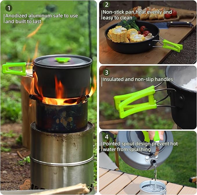 aiGear Camping Cooking Set Cookware Mess Kit with Storage Bag Pot Pan and Teapot Set Camping Accessories for Outdoor Camping Hiking Picnic Portable and Lightweight Aluminum Color Green,Black,Orange