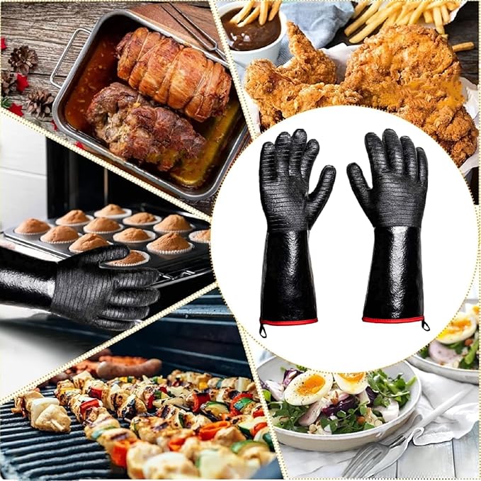 BBQ Gloves - 1472°F Thicken Heat Resistant Gloves w/S-Hook 14 in Kitchen Oven Mitts Waterproof Grill Glove Oil Resistant Grilling Glove Cooking Gloves for Turkey Fryer/Baking/Oven/Smoker