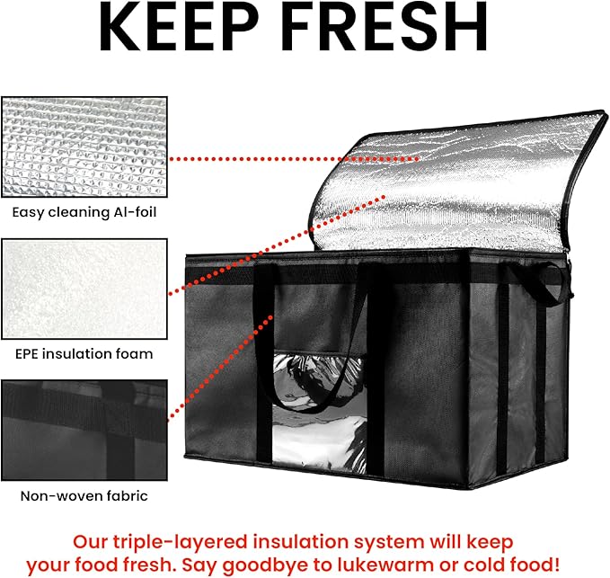 NZ home Insulated Bags for Food Delivery (3XL) Grocery Shopping Cooler Bag, Pizza Delivery, Hot & Cold Catering Tote, Reusable, Foldable & Heavy Duty (2 Pack, Black)