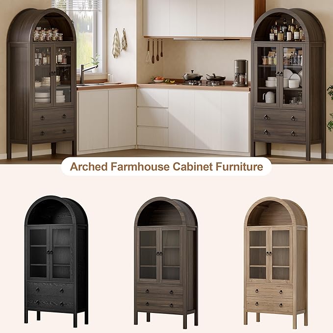 Arched Cabinet, 71" Tall Wooden Storage Cabinet, Arched Bookshelf with Glass Doors and Drawer for Living Room, Kitchen, Dining Room (Taupe Brown)