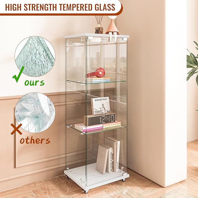 Yoluckea 3-Shelf Glass Display Cabinet with LED Lights, 1-Door Floor Standing Curio Cabinet with Universal Wheel for Home or Office, White Glass Bookshelf for Collections, Decor, and Corner Display