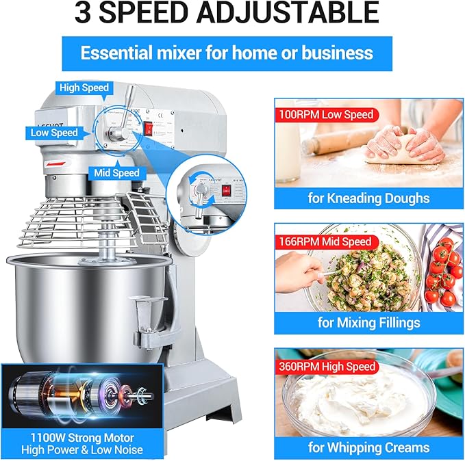 20Qt Commercial Food Mixer, Commercial Dough Mixer 1100W 3-Speeds Adjustable, Heavy Duty Electric Stand Mixer with Stainless Steel Bowl for Kitchenaid and Pizzeria (Simple)