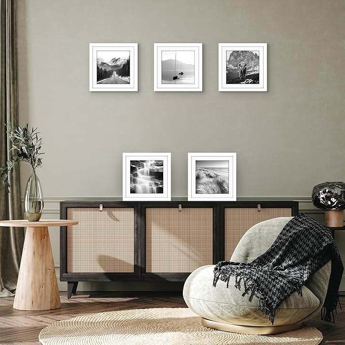 Americanflat 10x10 Picture Frame with Polished Plexiglass - Set of 5 - Use as 8x8 Frame with Mat or Display 10x10 Photo Without Mat - Galleria Collection - Square Frames or Tabletop and Wall - White