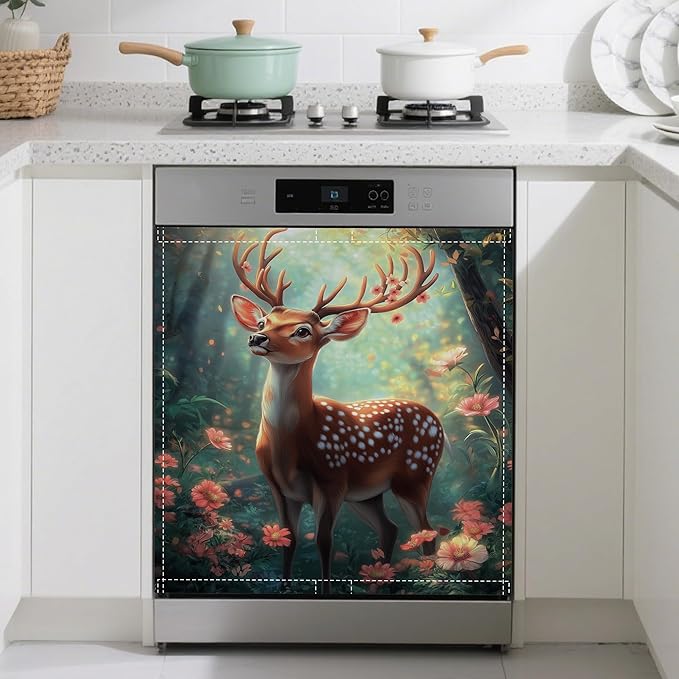 Magnetic Dishwasher Cover,Beautiful Deer Reusable Dishwasher Magnetic Cover Forest Decorative Door Covers Panel for Home Kitcen 23" x 26"