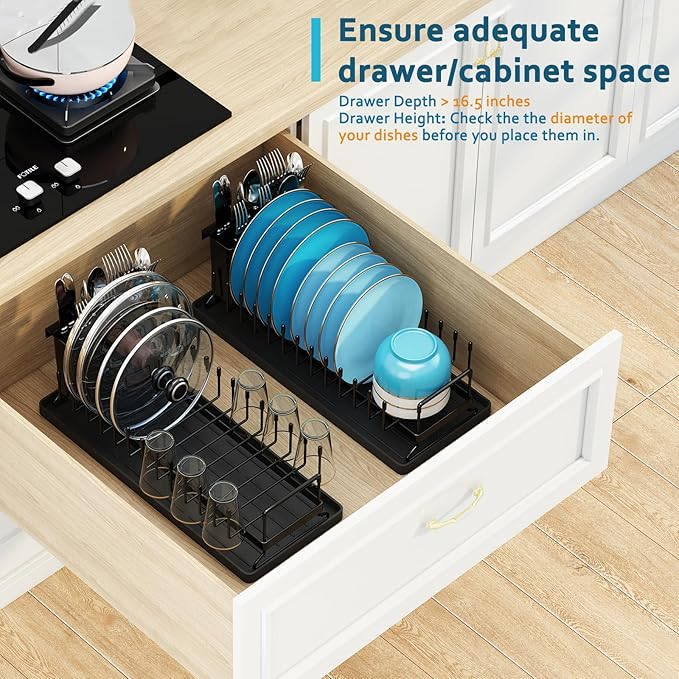 ANTOPY Small Dish Drying Rack - Compact Dish Rack for Kitchen Counter with Silicone Dish Drying Mat, Stainless Steel Dish Drainer for Kitchen Sink Cabinet, Space Saving Plate Rack Cutlery Holder