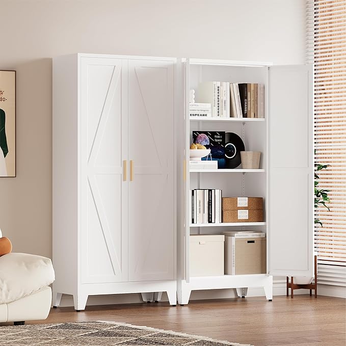 61" Tall Pantry Cabinet, White Metal Pantry Storage Cabinet, Kitchen Pantry Storage Cabinets with 2 Door and 3 Adjustable Shelves (White, 61" H)