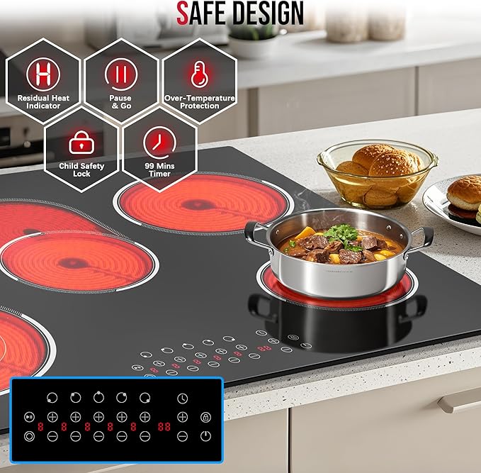 30 Inch Electric Cooktop, Built-in 5 Burner Electric Stovetop 8400W, 30" Glass Ceramic Cook Top with Expanded Zone, Child Safety Lock, Timer, Pause Control, 220V - 240V Hard Wire, No Plug
