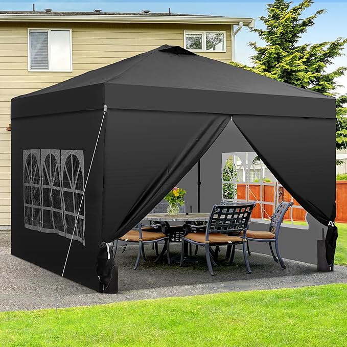 Saemoza 10x10 Pop Up Canopy Tent with One Push Setup, Portable Sun Shade Tent, Instant Easy Up Canopy with 4-Sidewalls & Handbag, Outdoor Fldable Gazebo with Vent Top, Black.