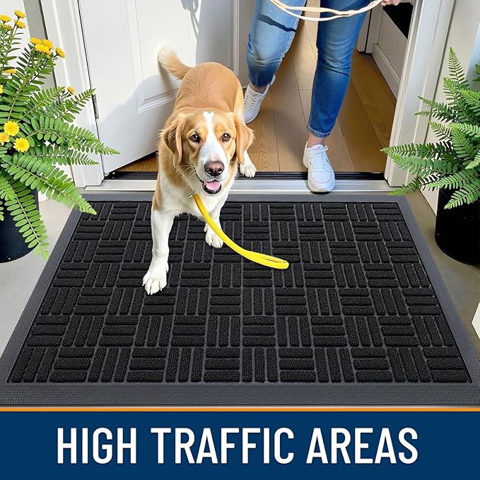 OLANLY Front Door Mat Outside Entrance 47x32, Absorbent, Heavy Duty Sturdy Natural Rubber Doormat Indoor Outdoor, Stain and Fade Resistant, Non-Slip Backing Low Profile Floor Mat for Entryway, Black