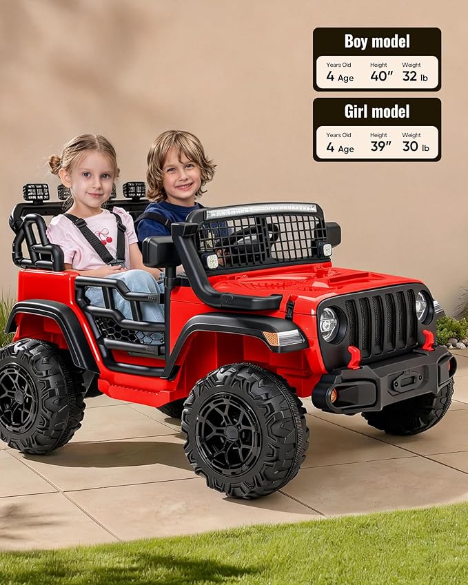 2 Seater Ride on Car Toy, 12V Electric Car for Kids 4-8 with Remote Control, Capacity 110 lb, LED Light - Red