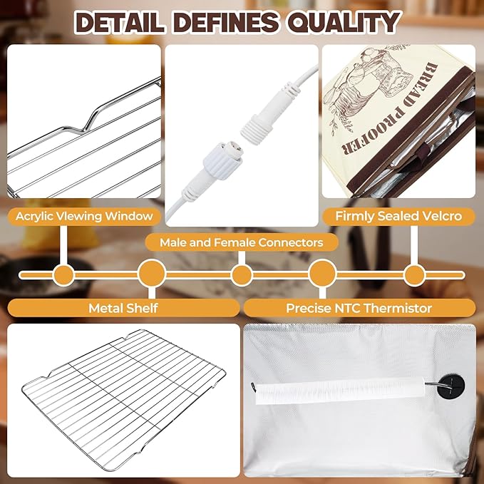 Bread Proofing Box with 50-113℉ Temp Control & 1-12H Timer, Foldable Dough Proofer with Metal Rack, Proofing Box for Sourdough, Bread Baking, Pizza, Yogurt, Kombucha, Space-Saving & 5-Layer Fabric