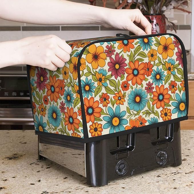 2 Slice Toaster Cover for Kitchen Hippie Flower Retro Waterproof and Dustproof Toaster Dust Cover with Side Pockets Decorative Universal Cover for Wide Slot Toasters and Small Appliances