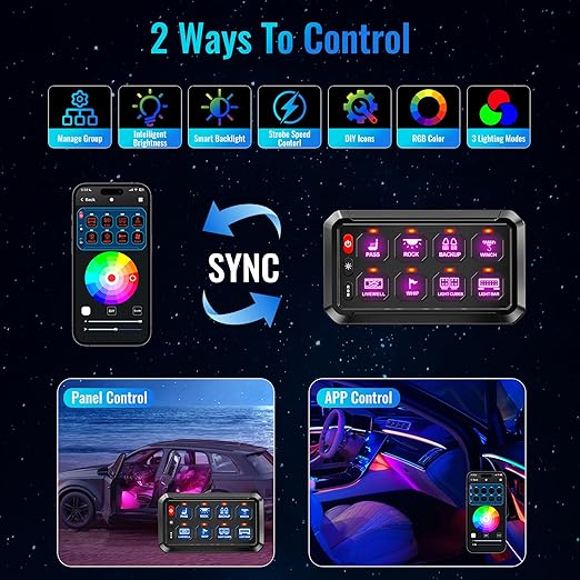 RGB 8 Gang Switch Panel,12-24V Bluetooth APP 230FT 433MHZ Long Range, Auxiliary Backlit Off Toggle Flash Multifunction Toggle Switch Momentary Circuit Control Relay System Box Universal for Car