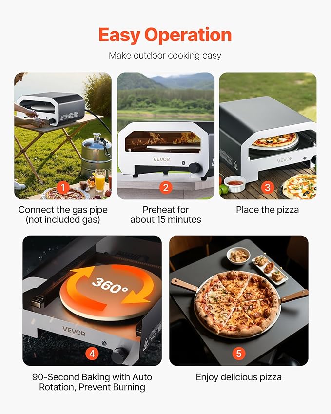VEVOR 16 in Outdoor Pizza Oven, Auto Rotating Propane Gas Pizza Ovens, Portable Pizza-Cooker with Electric Rotate Pizza-Stone, Carry Bag, Propane Pizza Maker For Outside Backyard Patio Camping, Black