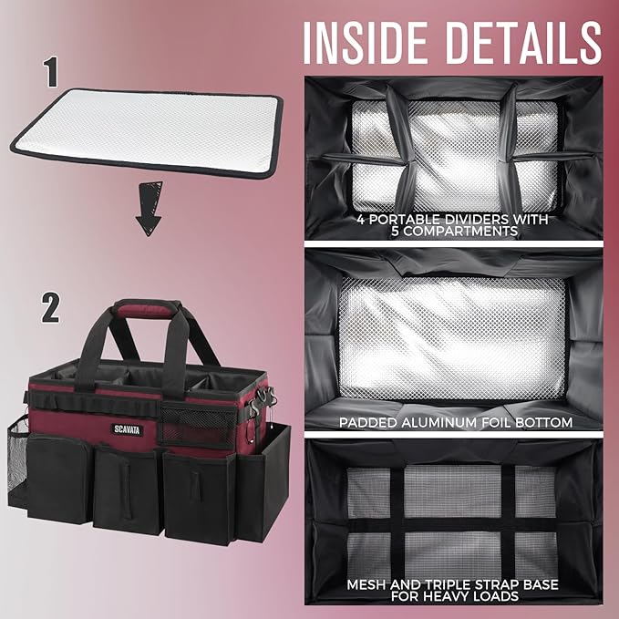 Wearable Cleaning Caddy Bag, Cleaning Caddy Supplies Organizer with Handle & Shoulder Straps for Housekeepers, Under Sink & Car Cleaning Tool Organizers with 4 Foldable Divider (Magenta)