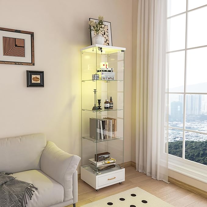 Yoluckea 4 Tiers Glass Display Cabinet with LED Lighting and Drawer, 1 Door Floor Standing Curio Cabinet with Wheel for Home, Office, Corner Display, White Glass Bookshelf for Collections and Decor
