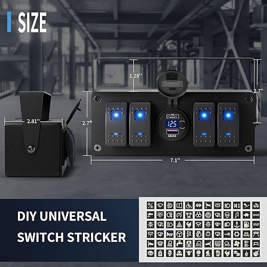 Joinfworld 4 Gang Rocker Switch Box 12V SPST ON/Off Marine Switch Panel 12 Volt Waterproof Blue LED Light Bar with Dual USB Outlet PD3.0 & QC3.0 Car USB Port for Boat Automotive Car Truck RV UTV